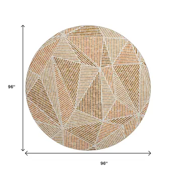 8' Terra Cotta And Beige Geometric Washable Round Rug With UV Protection