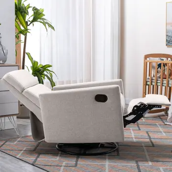 26" Tan Tufted Linen Swivel Manual Recliner