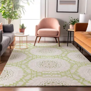 5' X 8' Artichoke Green And Ivory Geometric Washable Area Rug With UV Protection
