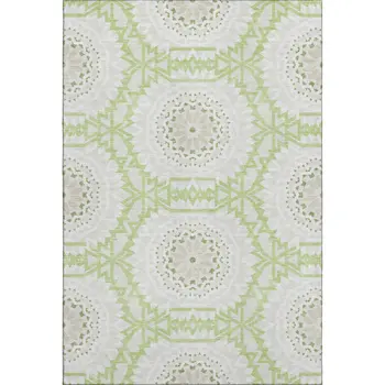 5' X 8' Artichoke Green And Ivory Geometric Washable Area Rug With UV Protection