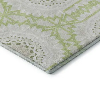 5' X 8' Artichoke Green And Ivory Geometric Washable Area Rug With UV Protection