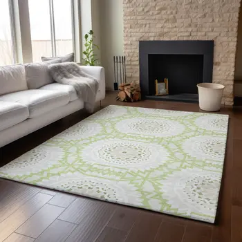 5' X 8' Artichoke Green And Ivory Geometric Washable Area Rug With UV Protection