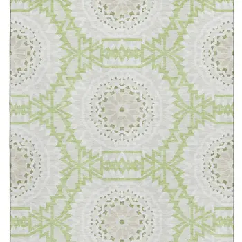 5' X 8' Artichoke Green And Ivory Geometric Washable Area Rug With UV Protection