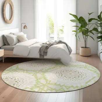 8' Artichoke Green And Ivory Geometric Washable Round Rug With UV Protection