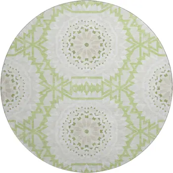 8' Artichoke Green And Ivory Geometric Washable Round Rug With UV Protection