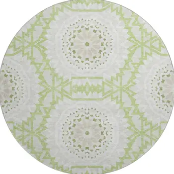 8' Artichoke Green And Ivory Geometric Washable Round Rug With UV Protection