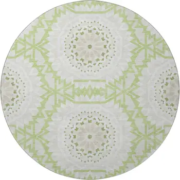 8' Artichoke Green And Ivory Geometric Washable Round Rug With UV Protection