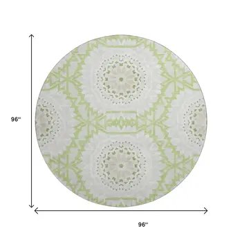 8' Artichoke Green And Ivory Geometric Washable Round Rug With UV Protection