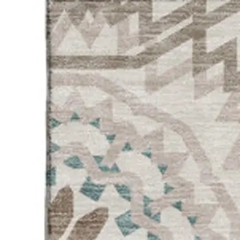 3' X 5' Beige Teal And Brown Geometric Washable Area Rug With UV Protection