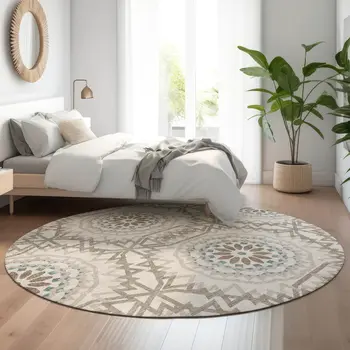 8' Beige Teal And Brown Geometric Washable Round Rug With UV Protection