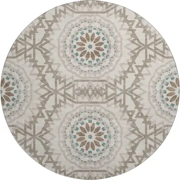 8' Beige Teal And Brown Geometric Washable Round Rug With UV Protection