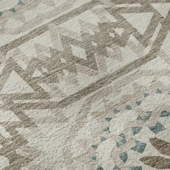 8' Beige Teal And Brown Geometric Washable Round Rug With UV Protection