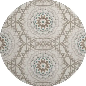 8' Beige Teal And Brown Geometric Washable Round Rug With UV Protection