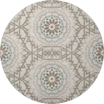 8' Beige Teal And Brown Geometric Washable Round Rug With UV Protection