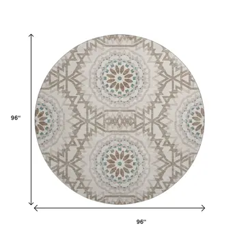 8' Beige Teal And Brown Geometric Washable Round Rug With UV Protection