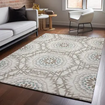 9' X 12' Beige Teal And Brown Geometric Washable Area Rug With UV Protection
