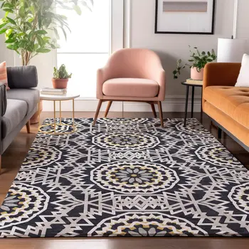5' X 8' Black Ivory And Gold Geometric Washable Area Rug With UV Protection