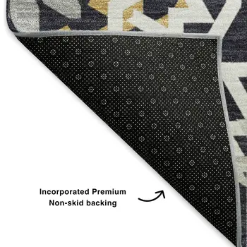 5' X 8' Black Ivory And Gold Geometric Washable Area Rug With UV Protection