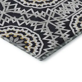 5' X 8' Black Ivory And Gold Geometric Washable Area Rug With UV Protection
