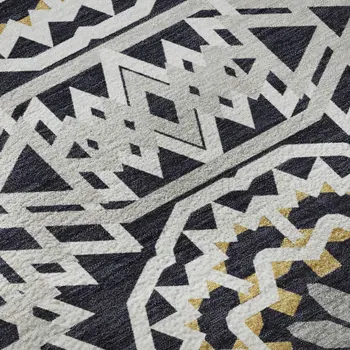 5' X 8' Black Ivory And Gold Geometric Washable Area Rug With UV Protection