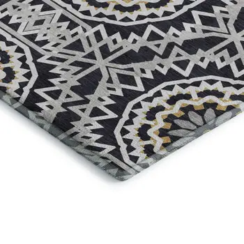 5' X 8' Black Ivory And Gold Geometric Washable Area Rug With UV Protection
