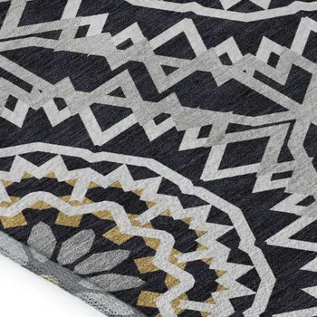 8' X 10' Black Ivory And Gold Geometric Washable Area Rug With UV Protection