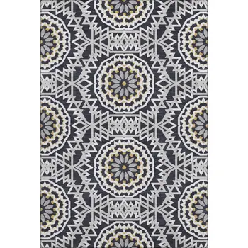 9' X 12' Black Ivory And Gold Geometric Washable Area Rug With UV Protection