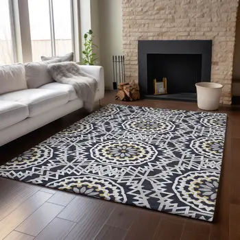 9' X 12' Black Ivory And Gold Geometric Washable Area Rug With UV Protection