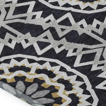 9' X 12' Black Ivory And Gold Geometric Washable Area Rug With UV Protection