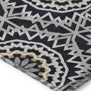 9' X 12' Black Ivory And Gold Geometric Washable Area Rug With UV Protection