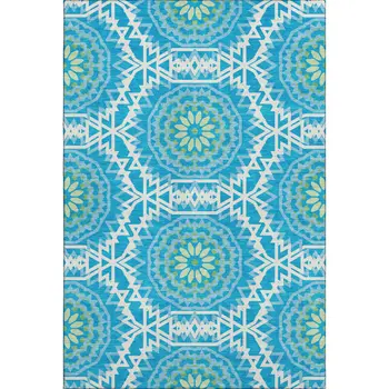 3' X 5' Blue Ivory And Olive Green Geometric Washable Area Rug With UV Protection