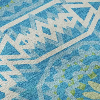 3' X 5' Blue Ivory And Olive Green Geometric Washable Area Rug With UV Protection