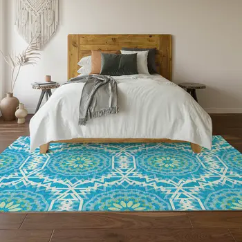 3' X 5' Blue Ivory And Olive Green Geometric Washable Area Rug With UV Protection