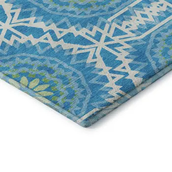 5' X 8' Blue Ivory And Olive Green Geometric Washable Area Rug With UV Protection