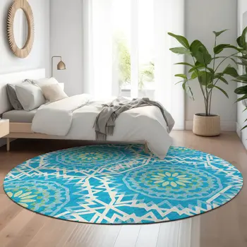 8' Blue Ivory And Olive Green Geometric Washable Round Rug With UV Protection