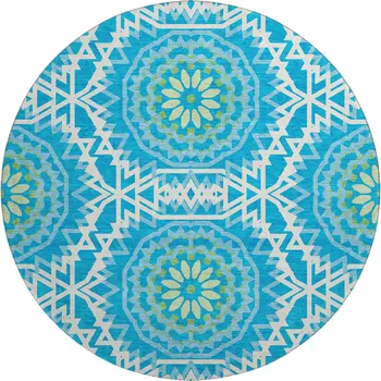 8' Blue Ivory And Olive Green Geometric Washable Round Rug With UV Protection