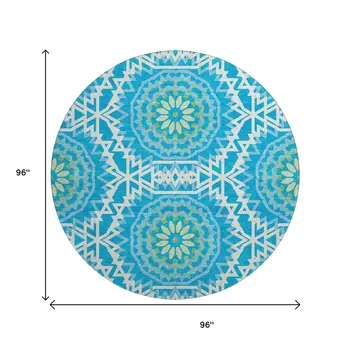 8' Blue Ivory And Olive Green Geometric Washable Round Rug With UV Protection