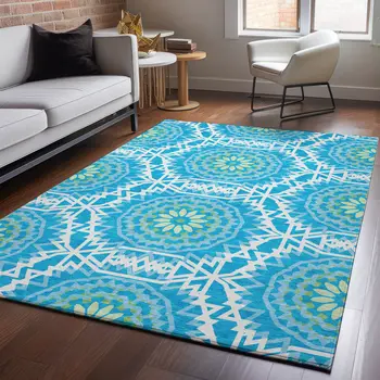 10' X 14' Blue Ivory And Olive Green Geometric Washable Area Rug With UV Protection