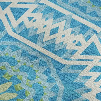 10' X 14' Blue Ivory And Olive Green Geometric Washable Area Rug With UV Protection
