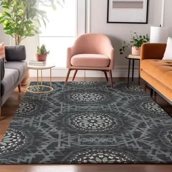 3' X 5' Charcoal And Ivory Geometric Washable Area Rug With UV Protection
