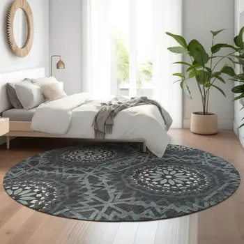 8' Charcoal And Ivory Geometric Washable Round Rug With UV Protection