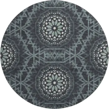 8' Charcoal And Ivory Geometric Washable Round Rug With UV Protection