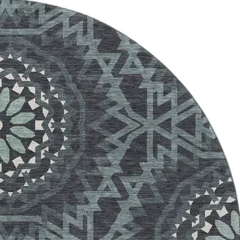 8' Charcoal And Ivory Geometric Washable Round Rug With UV Protection