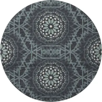 8' Charcoal And Ivory Geometric Washable Round Rug With UV Protection