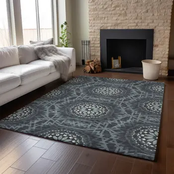 9' X 12' Charcoal And Ivory Geometric Washable Area Rug With UV Protection