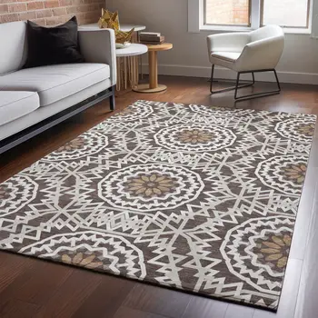 5' X 8' Chocolate And Ivory Geometric Washable Area Rug With UV Protection