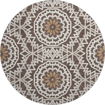 8' Chocolate And Ivory Geometric Washable Round Rug With UV Protection