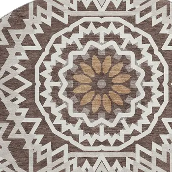 8' Chocolate And Ivory Geometric Washable Round Rug With UV Protection