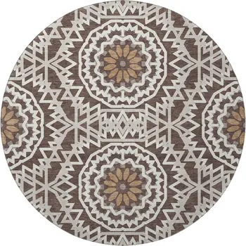 8' Chocolate And Ivory Geometric Washable Round Rug With UV Protection