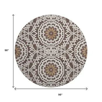 8' Chocolate And Ivory Geometric Washable Round Rug With UV Protection